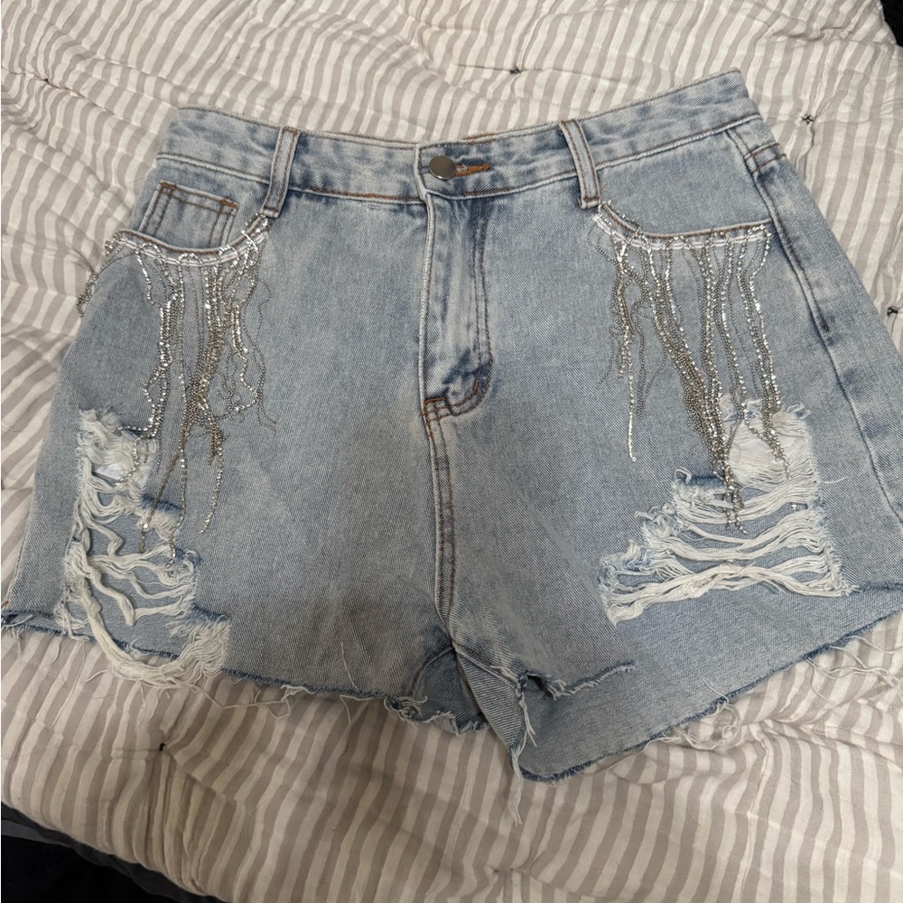 Blue Jean Shorts Distressed Raw Hem with rhinestone fringe